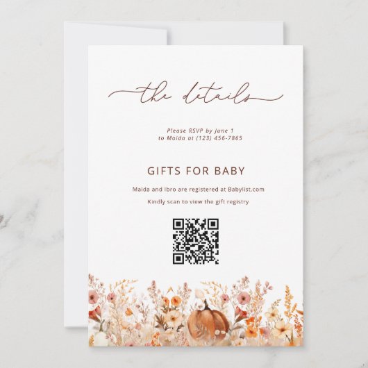 カボチャ秋フローラベビーシャワー詳細カード 招待状 (正面)