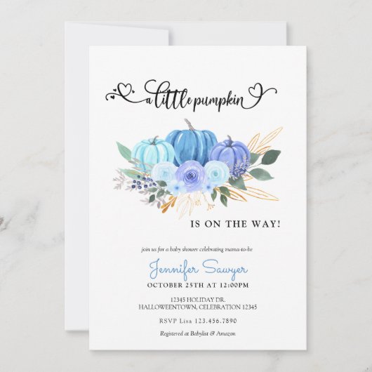 カボチャ秋ブルーボーイベビーシャワー 招待状 (正面)