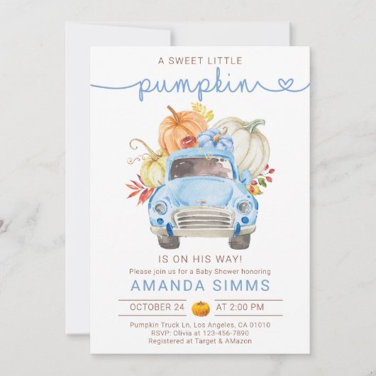 カボチャ秋ボーイベビーシャワー招待状ブルートラック 招待状 (正面)