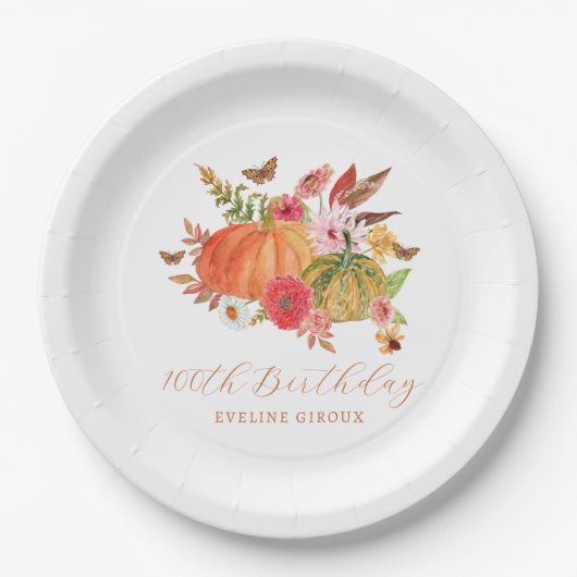 カボチャ秋ワイルドフラワーフローラ100番目誕生日 ペーパープレート (正面)