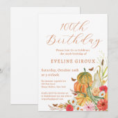 カボチャ秋ワイルドフラワーフローラ100番目誕生日 招待状 (正面/裏面)