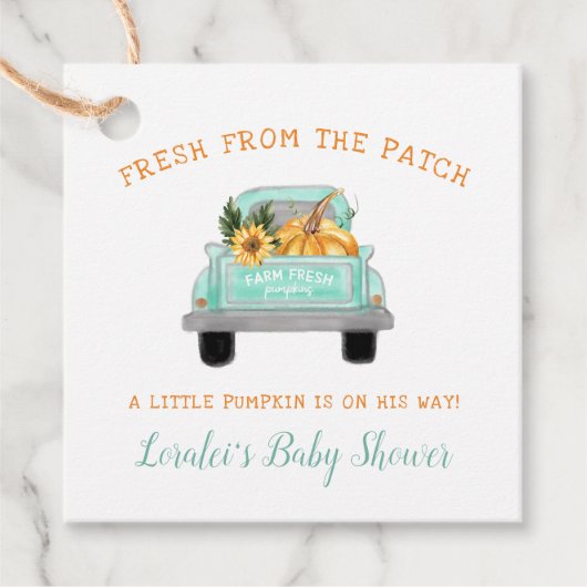 カボチャ秋赤ちゃんシャワー付き古いファームトラック フェイバータグ (正面)