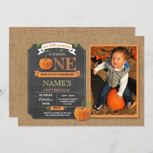 カボチャ第1最初1誕生会の写真の招待 招待状 (正面/裏面)