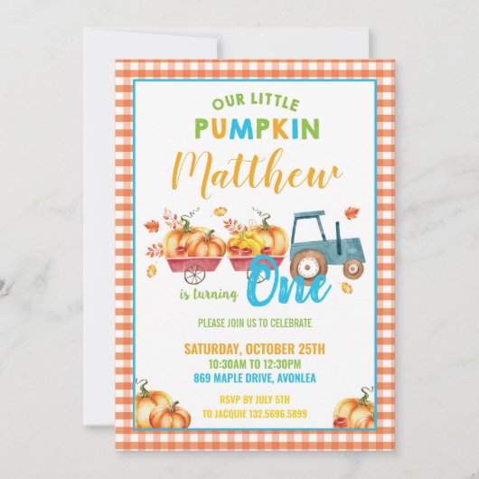 カボチャ第1誕生会の収穫のトラックの男の子 招待状 (正面)