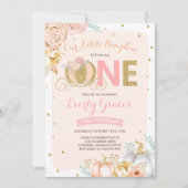 カボチャ第1誕生日の招待状の赤面のピンクの金ゴールド 招待状 (正面)