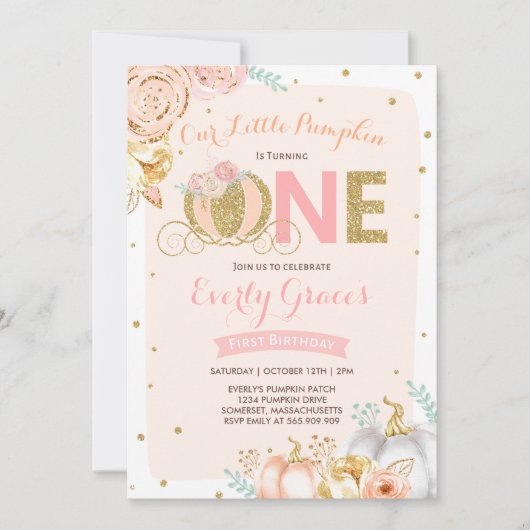 カボチャ第1誕生日の招待状の赤面のピンクの金ゴールド 招待状 (正面)