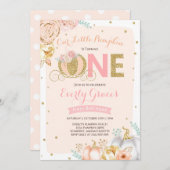 カボチャ第1誕生日の招待状の赤面のピンクの金ゴールド 招待状 (正面/裏面)