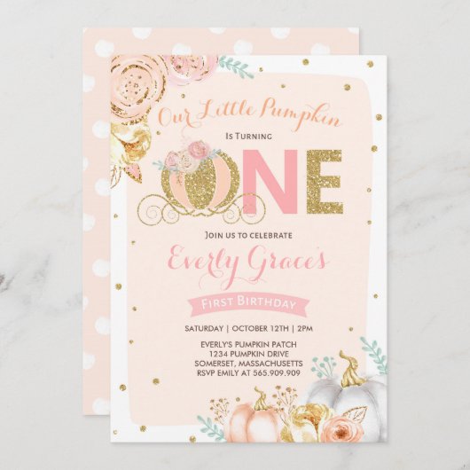 カボチャ第1誕生日の招待状の赤面のピンクの金ゴールド 招待状 (正面/裏面)