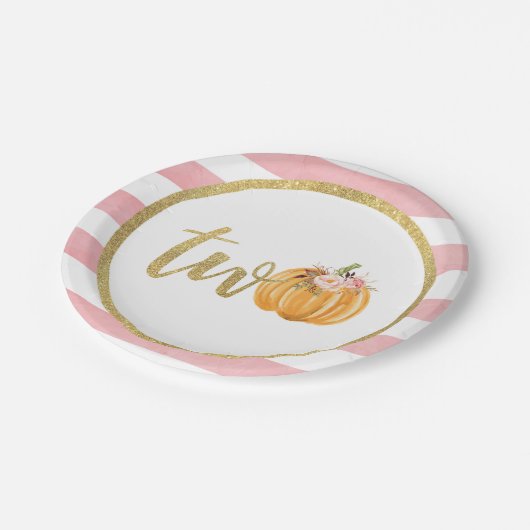 カボチャ第2誕生日の紙皿-ピンクのストライプ ペーパープレート (アングル)
