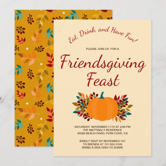 カボチャ紅葉のカラフルな金ゴールドFriendsgiving 招待状 (正面/裏面)