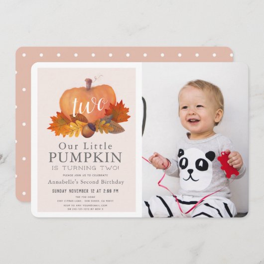 カボチャ紅葉ピンクの女の子の写真2nd誕生日 招待状 (正面/裏面)