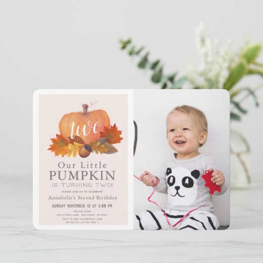 カボチャ紅葉ピンクの女の子の写真2nd誕生日 招待状 (スタンド正面)