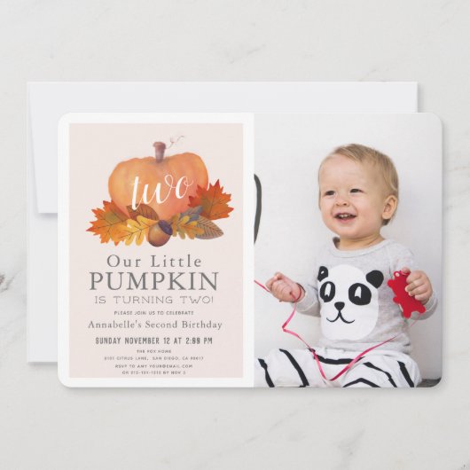 カボチャ紅葉ピンクの女の子の写真2nd誕生日 招待状 (正面)