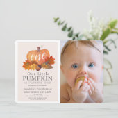 カボチャ紅葉ピンクガール写真1st誕生日 招待状 (スタンド正面)