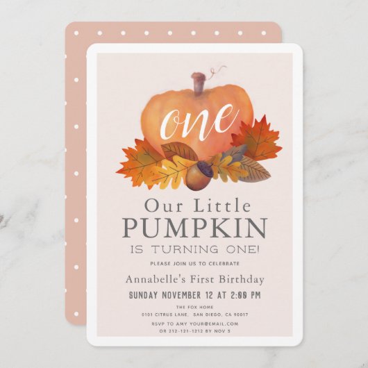 カボチャ紅葉赤面ピンクガール1st誕生日 招待状 (正面/裏面)