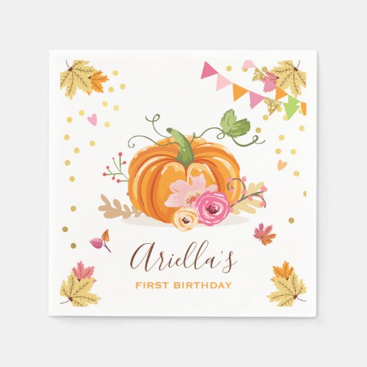 カボチャ紙ナプキン秋誕生日ガールピンク金ゴールド スタンダードカクテルナプキン (正面)
