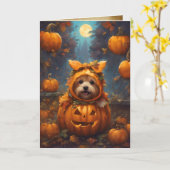 カボチャ素晴らしのパップ、かわいいハロウィーンの挨拶 カード (黄色い花)