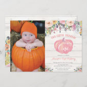 カボチャ素朴な最初誕生日の招待状の花柄 招待状 (正面/裏面)