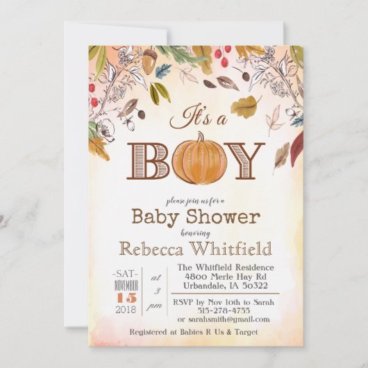 カボチャ素朴な葉の木製のベビーシャワーの招待状 招待状 (正面)