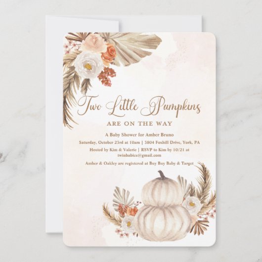 カボチャ素朴ツインベビーシャワー招待状 招待状 (正面)