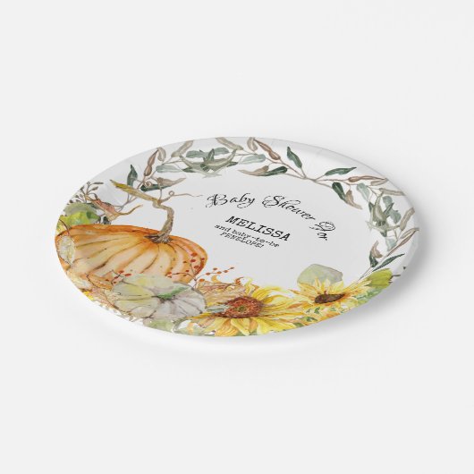 カボチャ素朴モダン葉のひまわりのベビーシャワー ペーパープレート (アングル)