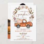 カボチャ素朴ントラック燃えたオレンジ色の赤ちゃんシャワー 招待状 (正面/裏面)