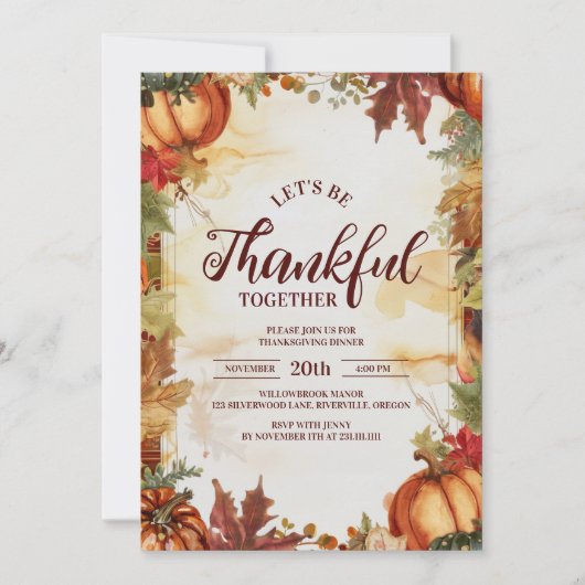 カボチャ素朴ンハーベスト感謝祭ディナー 招待状 (正面)