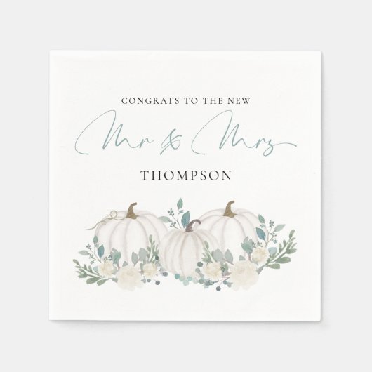 カボチャ花模様スクリプトおめでとうミセス結婚ズ氏 スタンダードカクテルナプキン (正面)