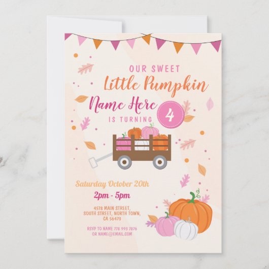 カボチャ誕生日の招待の秋のピンクの女の子のトレーラー 招待状 (正面)
