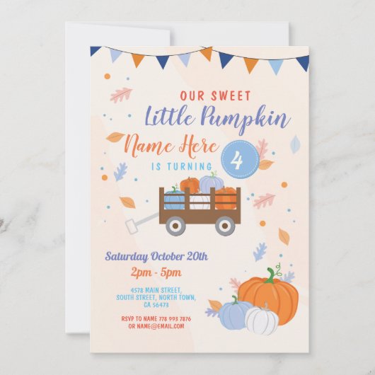 カボチャ誕生日の招待の秋の男の子の青のトレーラー 招待状 (正面)