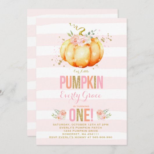カボチャ誕生日の招待状のピンクの金ゴールドのカボチャ 招待状 (正面/裏面)