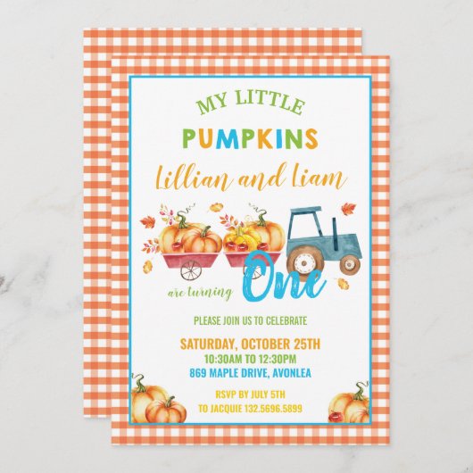 カボチャ誕生日パーティハーベストトラックツインズ 招待状 (正面/裏面)