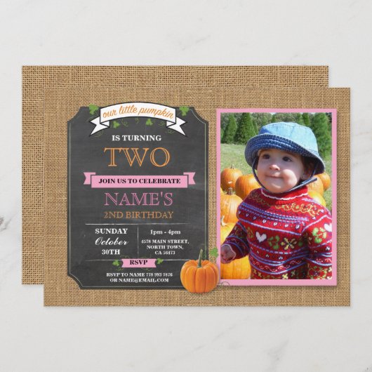 カボチャ誕生日パーティハーベストフォトピンク招待状 招待状 (正面/裏面)