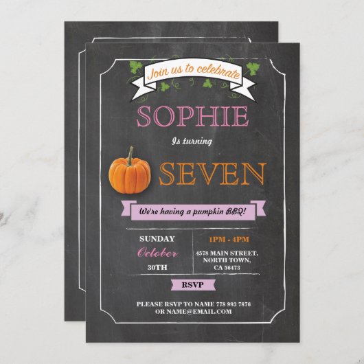 カボチャ誕生日パーティーチョークピンク任意の年齢招待状 招待状 (正面/裏面)