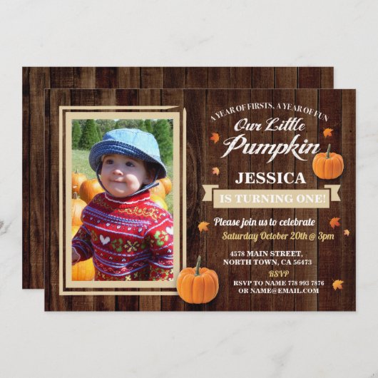 カボチャ誕生日ワンフォトガール秋第1招待状 招待状 (正面/裏面)