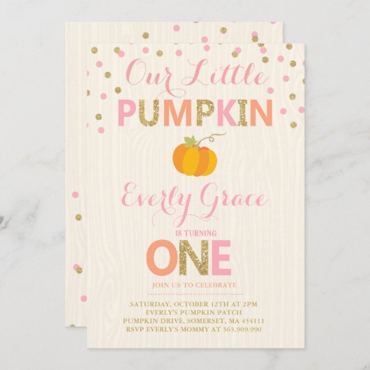 カボチャ誕生日招待状ピンク金ゴールドカボチャ 招待状 (正面/裏面)