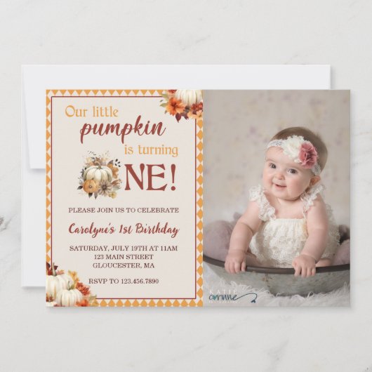 カボチャ誕生日私たちの小さなカボチャは1回転している 招待状 (正面)