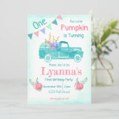 カボチャ誕生日、カボチャパーティー、秋、ティール(緑がかった色)パーティー 招待状 (スタンド正面)