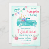 カボチャ誕生日、カボチャパーティー、秋、ティール(緑がかった色)パーティー 招待状 (正面/裏面)