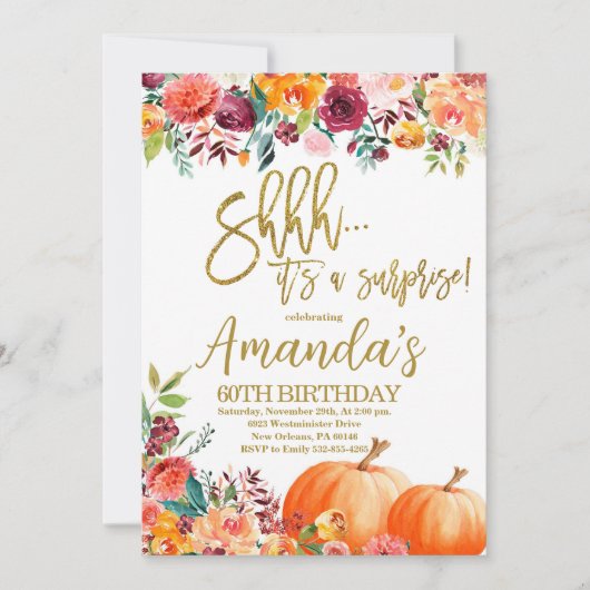 カボチャ誕生日、Shhサプライズ秋のパーティー 招待状 (正面)