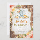 カボチャ象の誕生会の秋の秋の花柄 招待状 (正面)