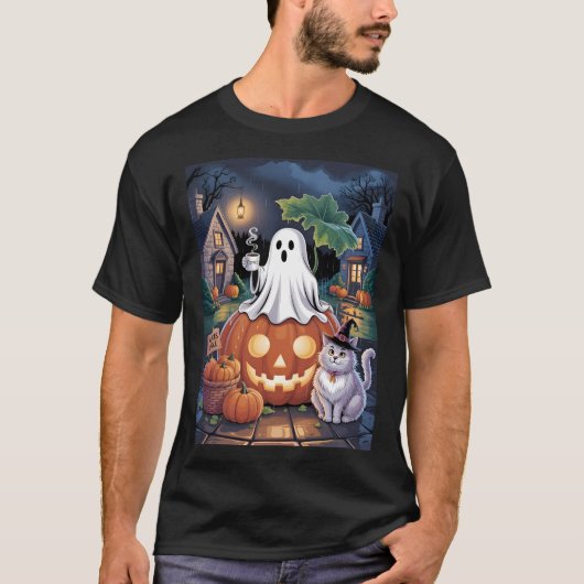 カボチャ販売中と猫と一緒のコーヒーを飲むお化け Tシャツ (正面)