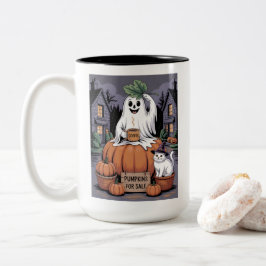 カボチャ販売中 & カフェインゴースト & 猫 V2 ツートーンマグカップ