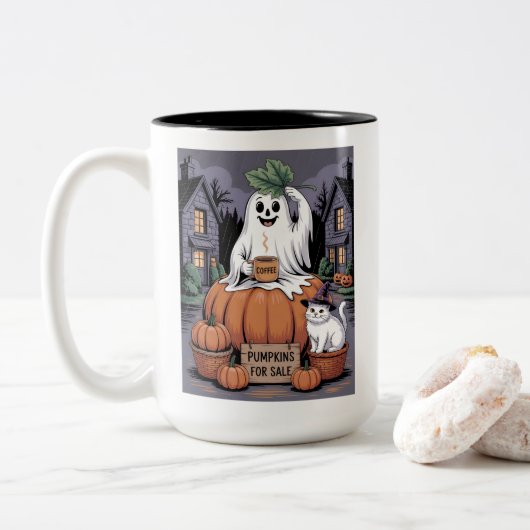 カボチャ販売中 & カフェインゴースト & 猫 V2 ツートーンマグカップ (ドーナツ)