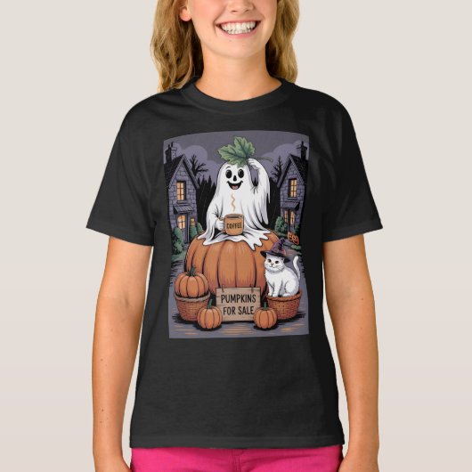 カボチャ販売中 & カフェイン幽霊 & 猫 V2 Tシャツ (正面)