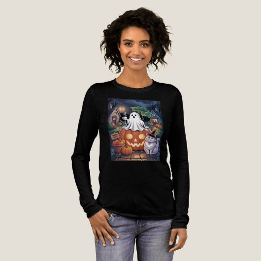 カボチャ販売 & カフェインの幽霊 & 猫 トライブレンドTシャツ (正面全体)