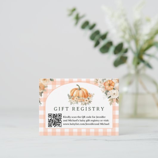 カボチャ赤ちゃんシャワーギフトレジストリ エンクロージャーカード (スタンド正面)