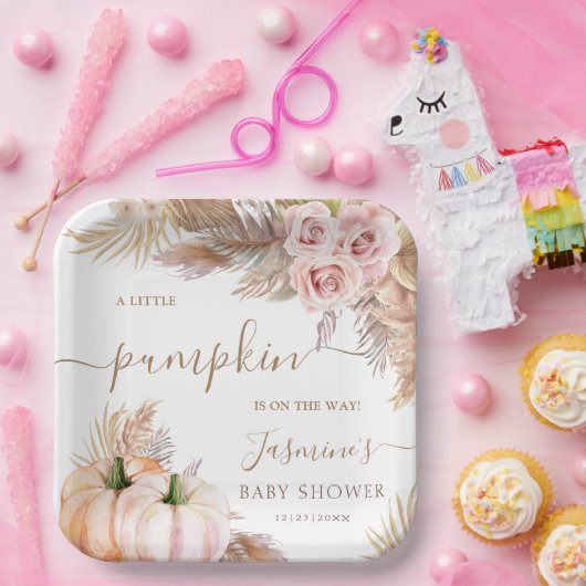 カボチャ赤ちゃんシャワーピンクガールフローラ秋秋 ペーパープレート (パーティー)