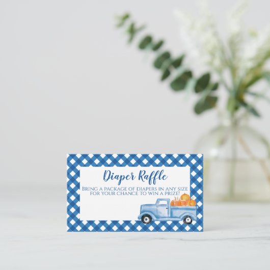 カボチャ赤ちゃんシャワーブループレイドトラックおむつラッフル エンクロージャーカード (スタンド正面)