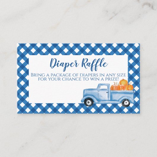 カボチャ赤ちゃんシャワーブループレイドトラックおむつラッフル エンクロージャーカード (正面)